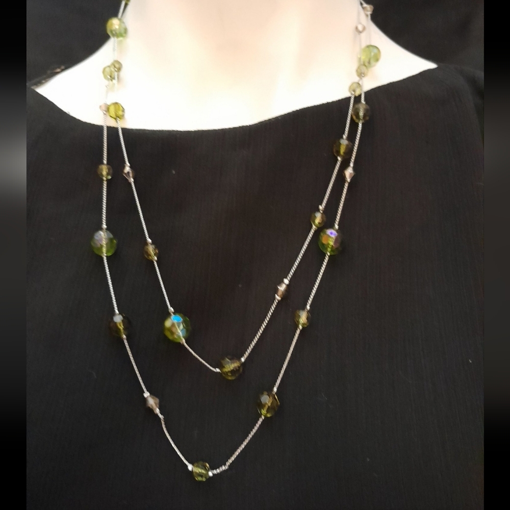 Baked Beads- 48" Delicate Silver Tone Link Chain with Green Toned Glass Beads